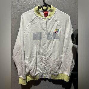 Nike Rally Varsity Snap Button Jacket Womens Size Large White Rainbow Colors